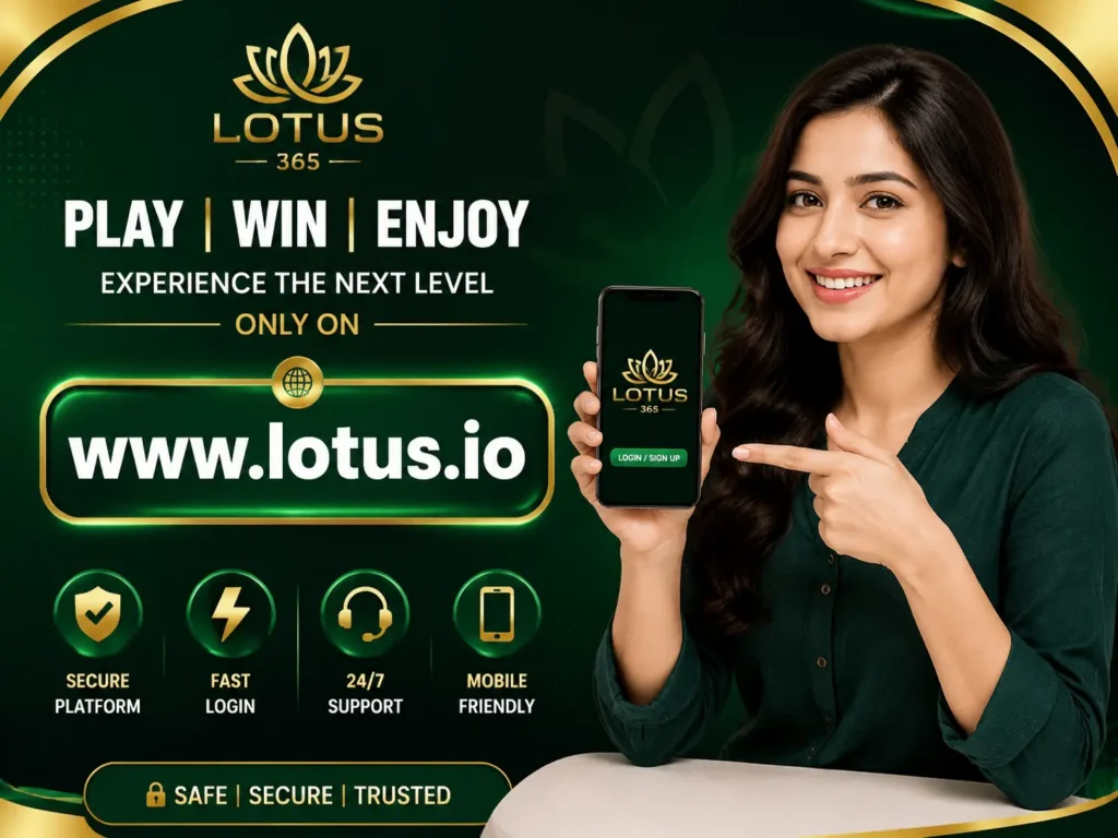 Lotus365ID registration Hindi guide showing a woman holding smartphone with Lotus365 platform interface on green and gold digital background with website www.lotus.io