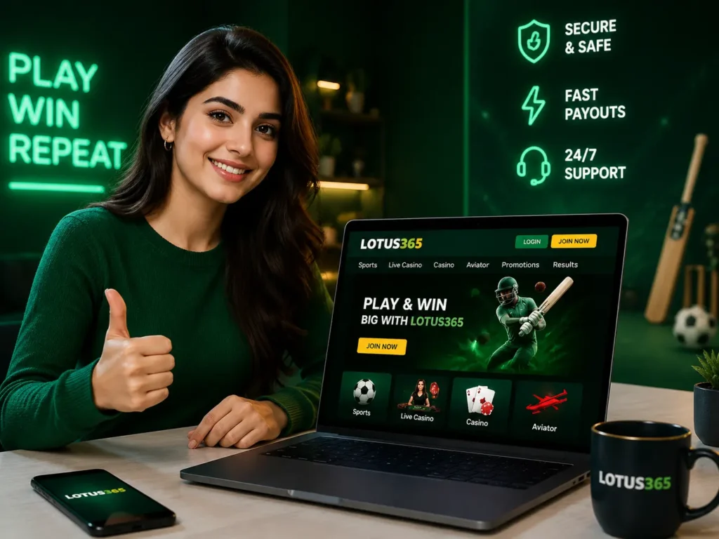 Lotus365 official website India interface shown on laptop and mobile with sports betting dashboard and secure gaming theme