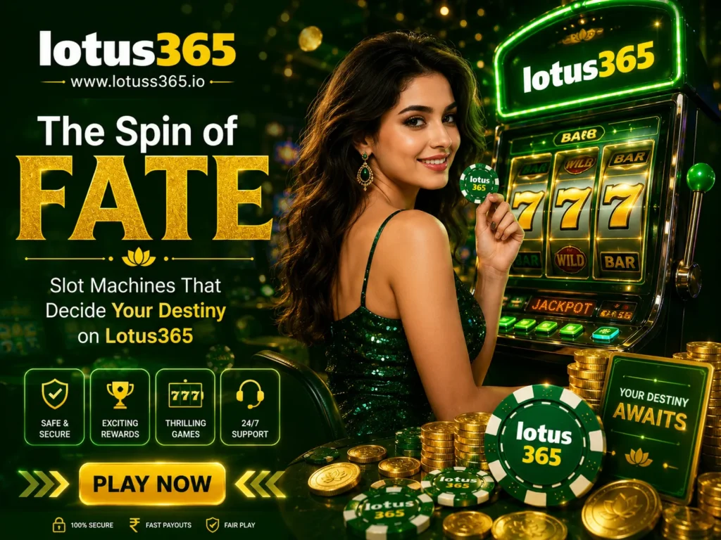 Luxury casino-themed Lotus365 promotional banner featuring a glamorous woman holding a Lotus365 chip beside a glowing slot machine, set in a green and gold aesthetic with coins, jackpot reels, and ‘The Spin of Fate’ promotional text highlighting online gaming excitement and destiny.