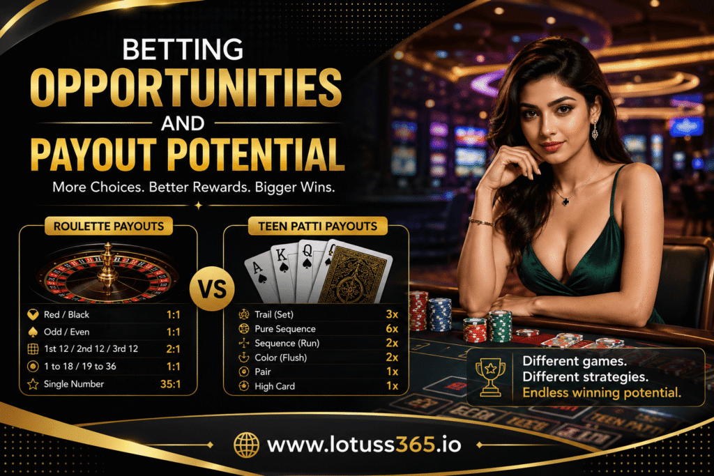 Realistic casino-themed banner comparison design showing an elegant female casino model, roulette wheel, Teen Patti playing cards, casino chips, and the title, "Betting Possibilities & Winnings Potential." Comparison between Roulette Winnings and Teen Patti Winnings in the midst of a luxurious casino setup with website link www.lotuss365.io