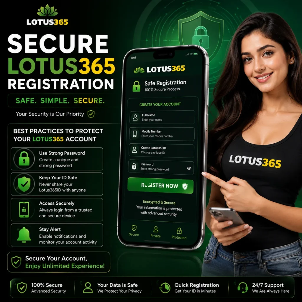 Modern female model holding a smartphone beside a secure Lotus365 registration screen, highlighting safe account creation, data protection, and Lotus365ID security features.
