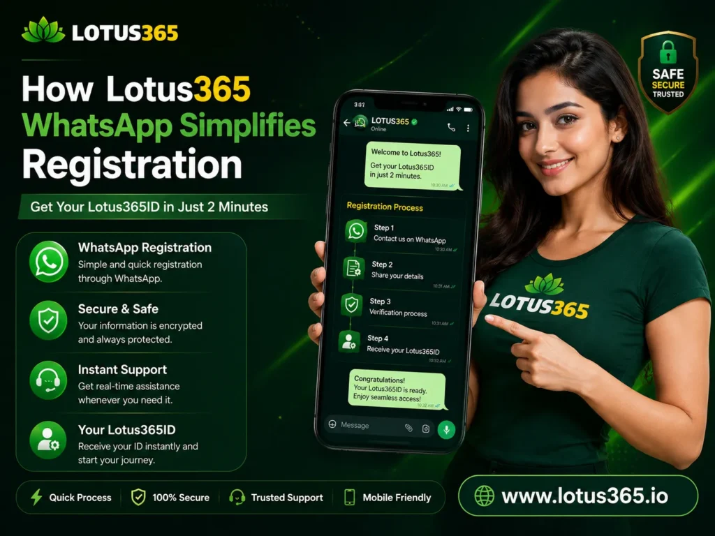 Secure mobile registration process for Lotus365ID featuring a modern female model holding a smartphone and demonstrating quick WhatsApp account registration.