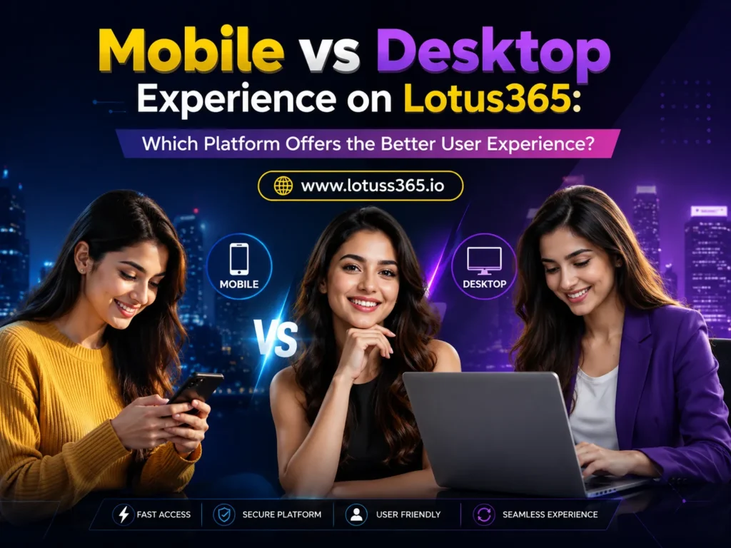 Three modern women using a smartphone and laptop to compare the mobile and desktop experience on Lotus365, featuring the website www.lotuss365.io