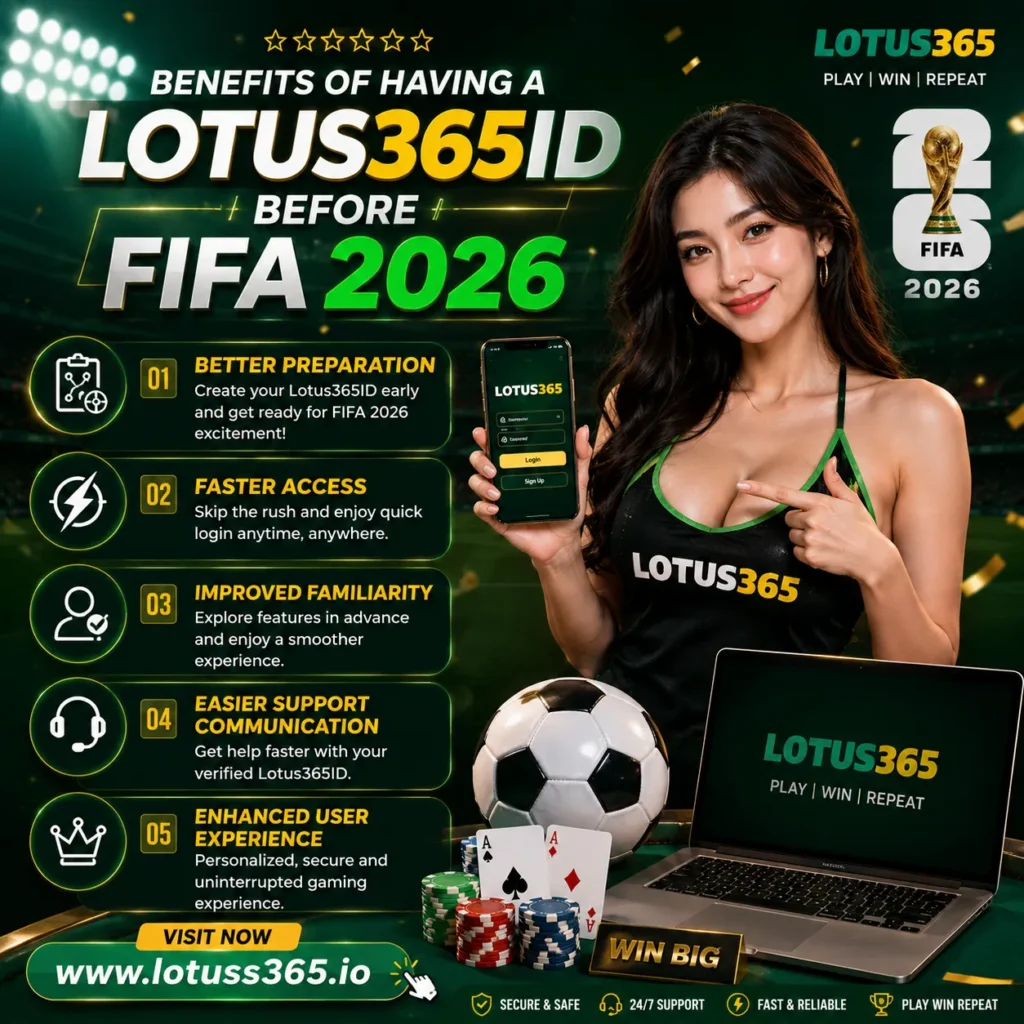Instagram-style promotional banner featuring a casino model holding a smartphone and standing beside a Lotus365-branded laptop, highlighting the benefits of having a Lotus365ID before FIFA 2026, including faster access, better preparation, improved familiarity, easier support communication, and enhanced user experience.