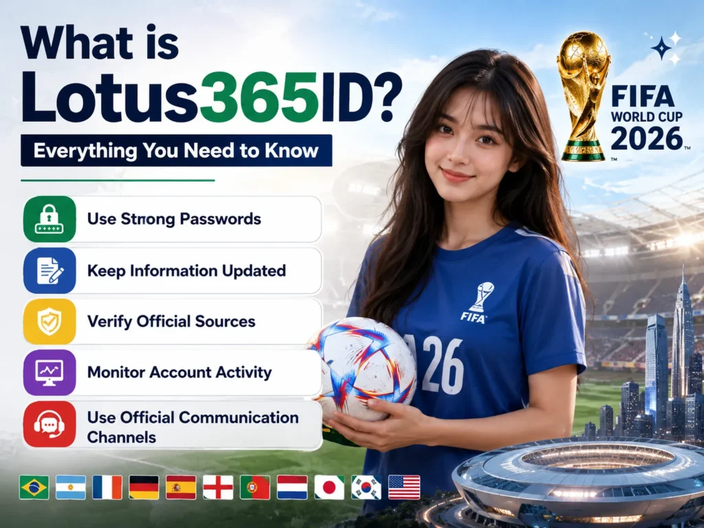Infographic titled "What is Lotus365ID? Everything You Need to Know" featuring a young woman holding a football in front of a modern stadium. The image includes security tips such as Use Strong Passwords, Keep Information Updated, Verify Official Sources, Monitor Account Activity, and Use Official Communication Channels, alongside football-inspired visuals and FIFA World Cup 2026-themed elements.