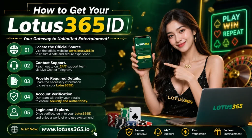 Casino-themed promotional banner showing a female model using a smartphone and laptop with Lotus365 branding, featuring steps to get a Lotus365ID including official source, support contact, account verification, and login process.