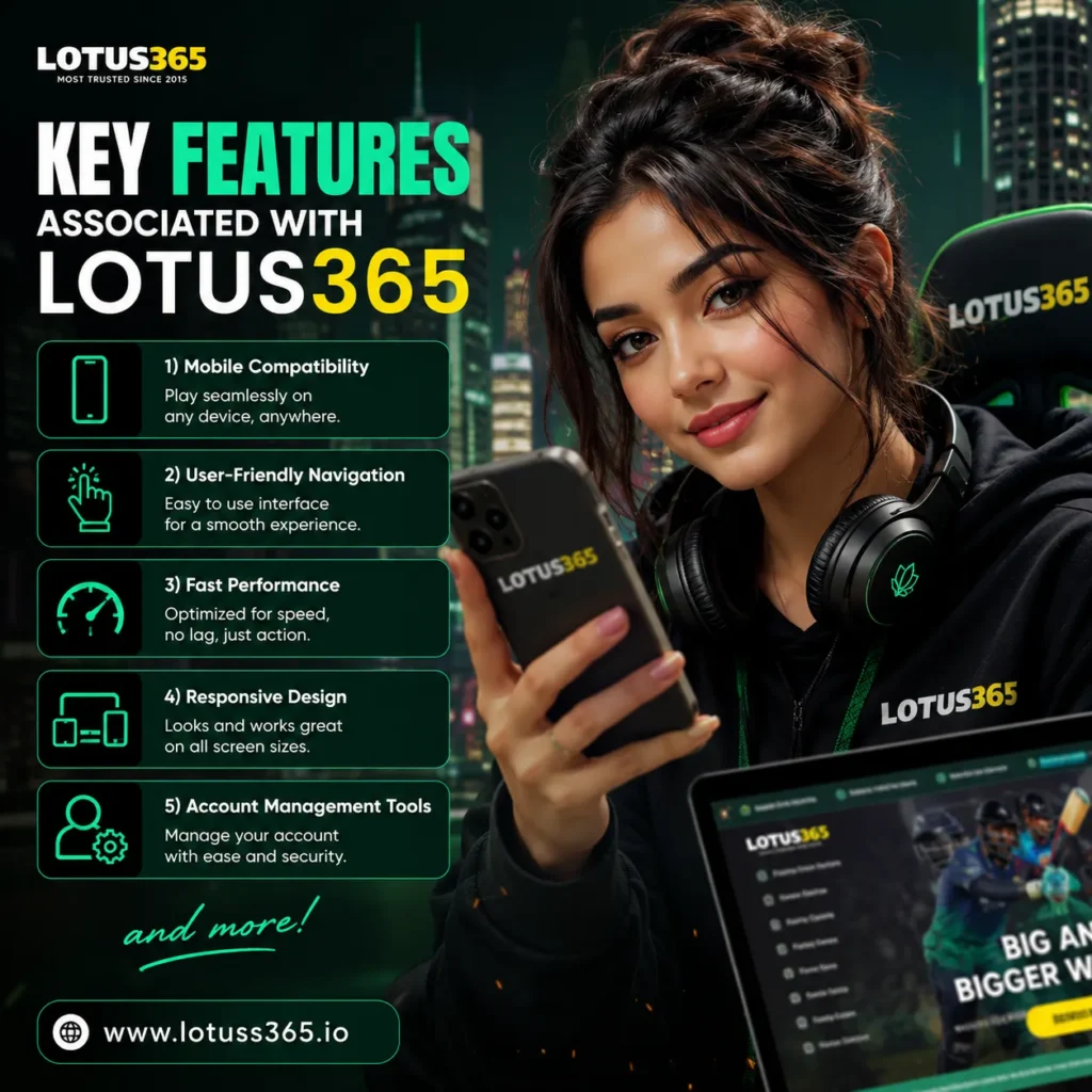 Modern city-style female model holding a smartphone and laptop, showcasing Lotus365 features including mobile compatibility, user-friendly navigation, fast performance, responsive design, and account management tools with the website www.lotuss365.io