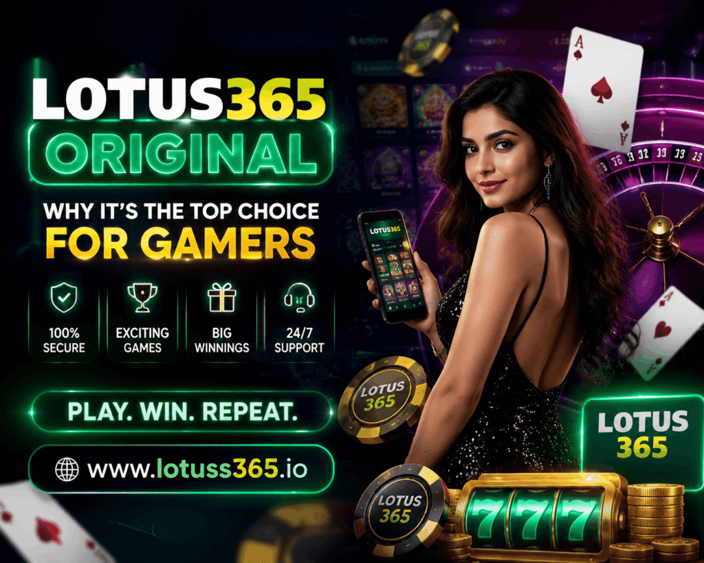 Glamorous female model holding smartphone with neon-lit Lotus 365 casino gaming interface, showcasing slots, cards, and chips with www.lotuss365.io branding.