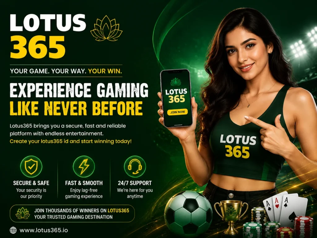Lotus365 promotional banner with model holding phone, gaming elements, and modern green themed advertising design