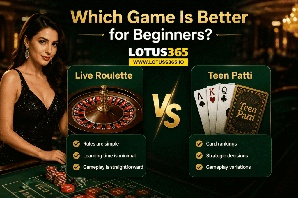 Realistic casino graphic with title "Which Game Is Better for Beginners?" including elegant casino design, Live Roulette vs Teen Patti comparison, roulette wheel, playing cards, and easy-to-understand game rules, with web address lotuss365.io