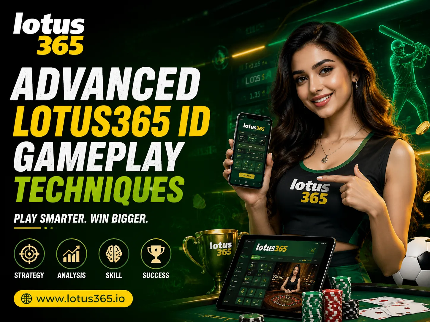 Woman promoting Lotus365 app with gaming visuals and text “Advanced Lotus365 ID Gameplay Techniques” and website www.lotus365.io