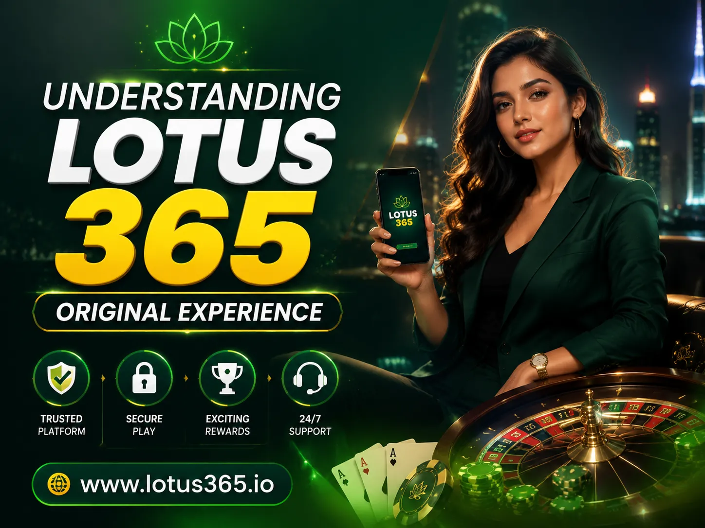 Modern girl promoting Lotus 365 gaming experience banner
