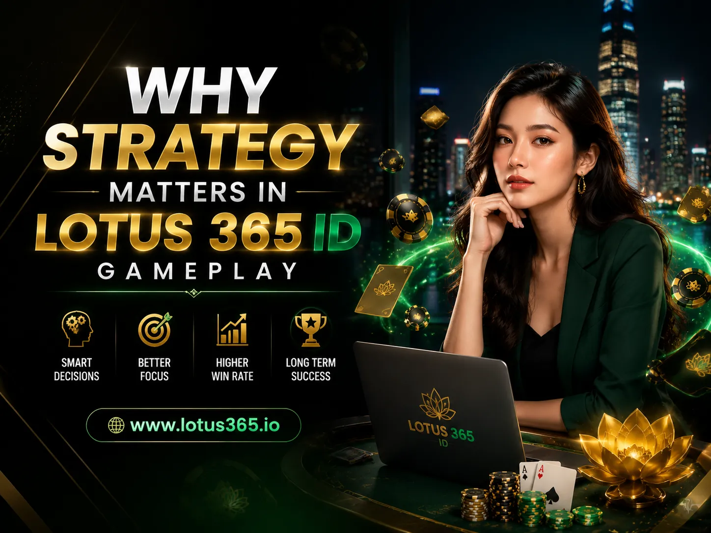 Female gamer strategy banner with city background