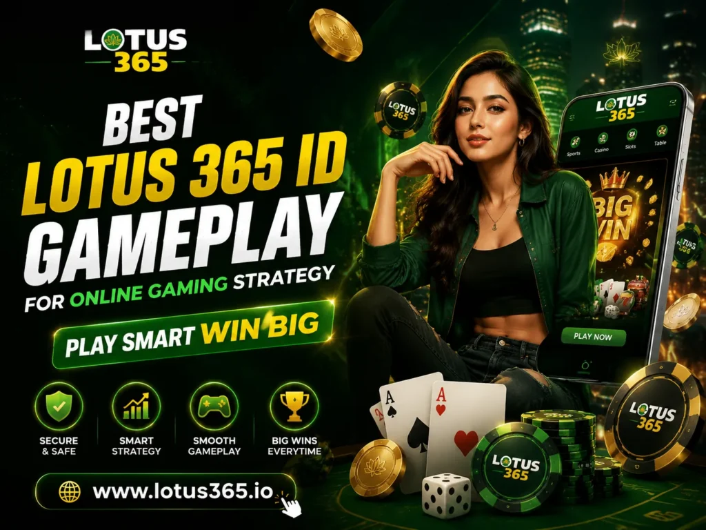Modern casino gaming banner with woman, Lotus 365 ID gameplay strategy, smart win big concept, dark green gold theme, website www.lotus365.io