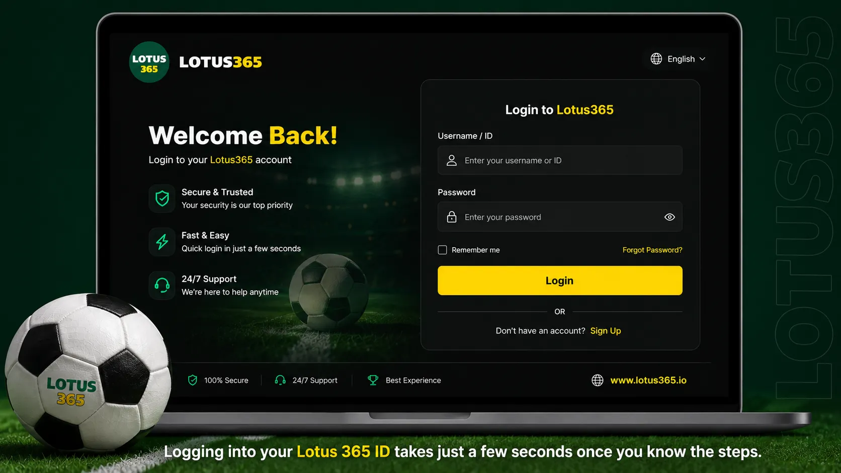 Lotus 365 ID login page screenshot showing username and password fields