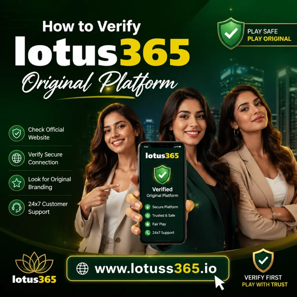 Three women holding a smartphone promoting the Lotus365 original platform verification guide with the official website www.lotuss365.io