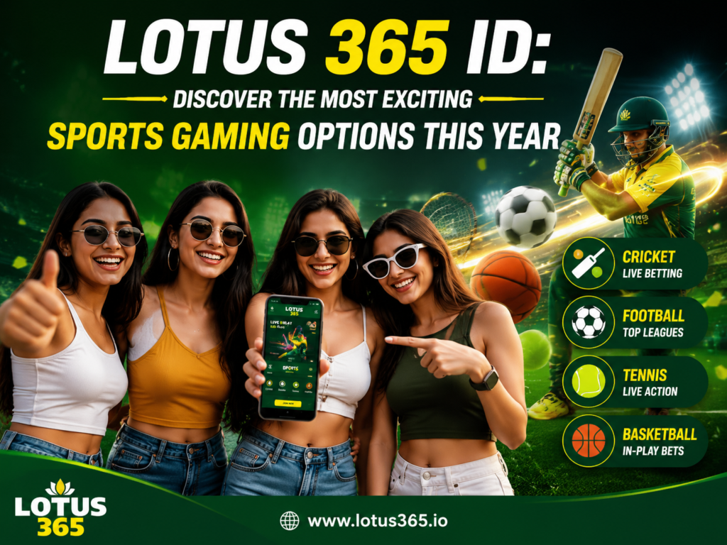 Promotional sports gaming banner for Lotus 365 ID showing four modern city women smiling and holding a smartphone with the Lotus 365 app interface, set against a vibrant stadium-style background with cricket, football, basketball, and tennis visuals. The image includes the website www.lotus365.io