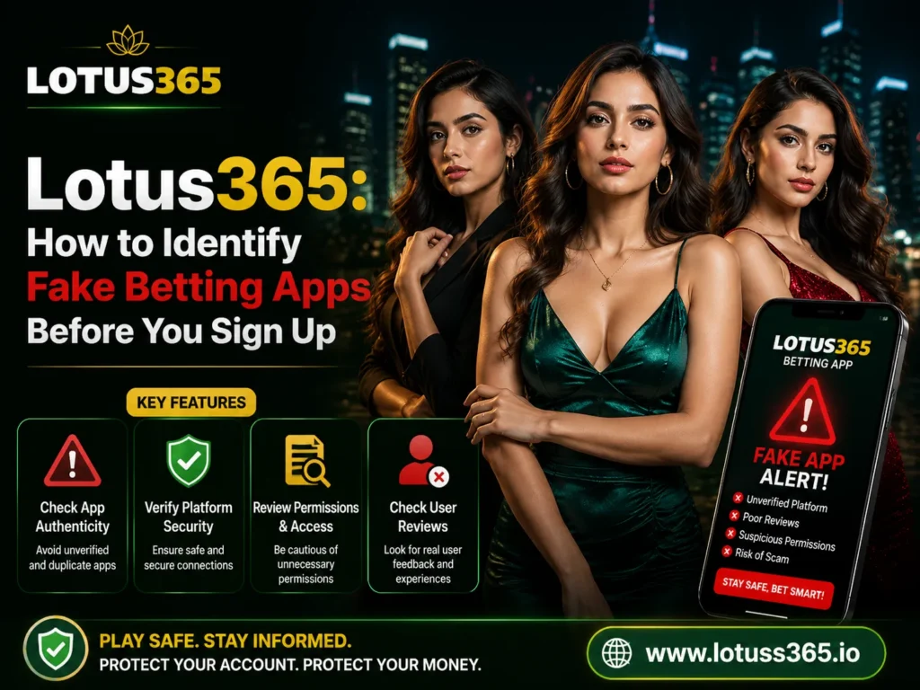 Three women promoting Lotus365 with security features and tips to identify fake betting apps before signing up. Visit www.lotuss365.io
