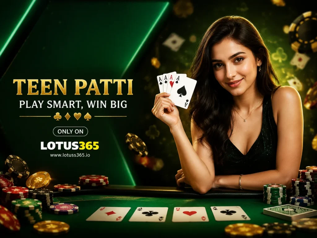 Luxury Teen Patti casino promotional banner featuring a glamorous woman holding playing cards, poker chips, and green-gold lighting theme representing online card gaming strategy and excitement.