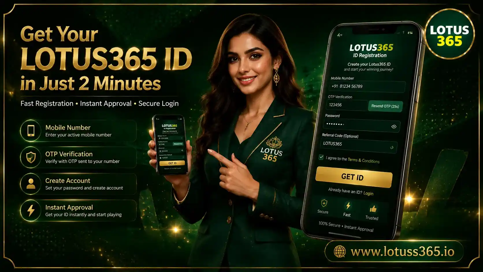 Lotus365 ID registration screen with fast signup process on mobile