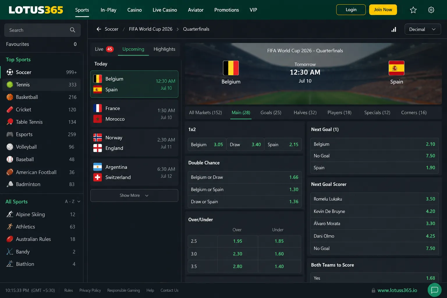 Lotus365 original platform live betting interface showing World Cup odds