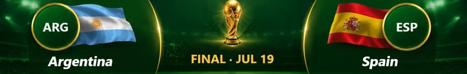 Argentina vs Spain FIFA World Cup 2026 Final match banner featuring both teams, a golden championship trophy, and the Final – Jul 19 match graphic.